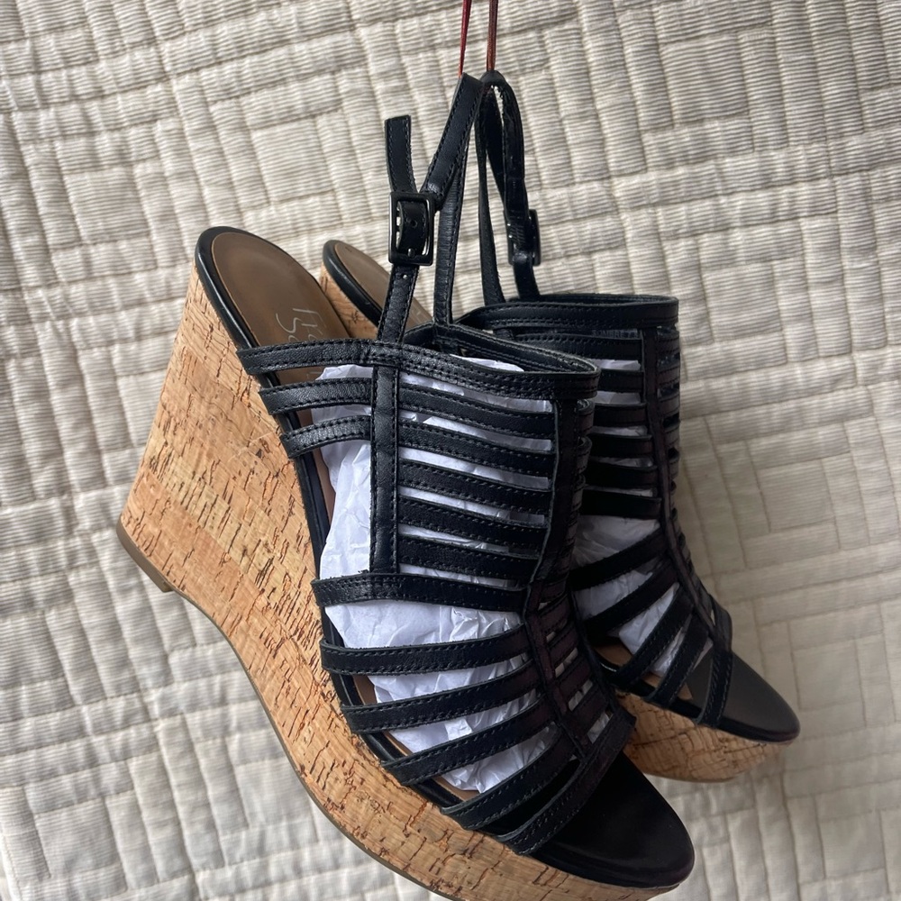 Franco Sarto 7.5 Black Strappy 4 in. Espadrille Wedge